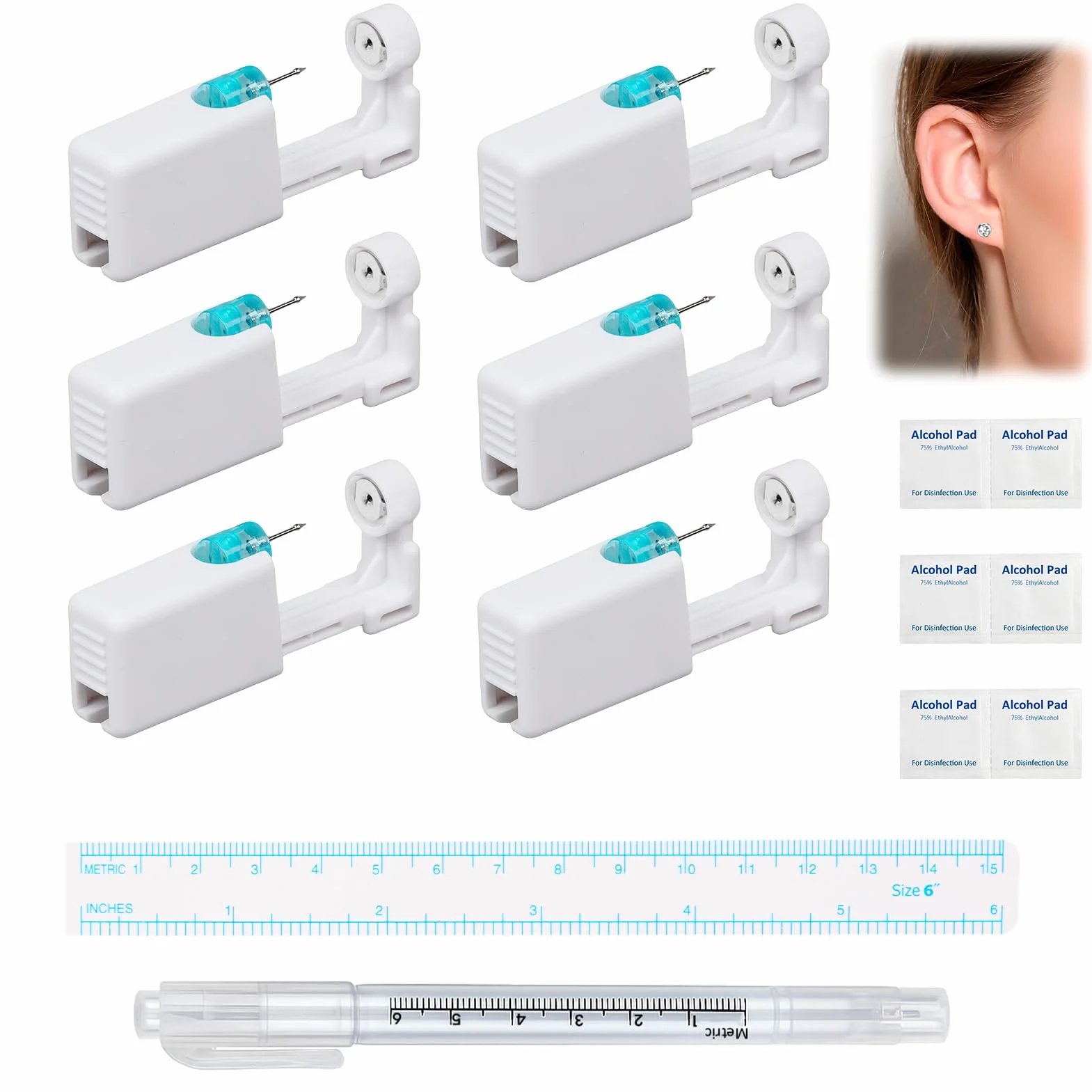 Set de 6 Pistolas para Perforar Orejas con Pendientes, Incluye Regla y Rotulador, Herramienta DIY