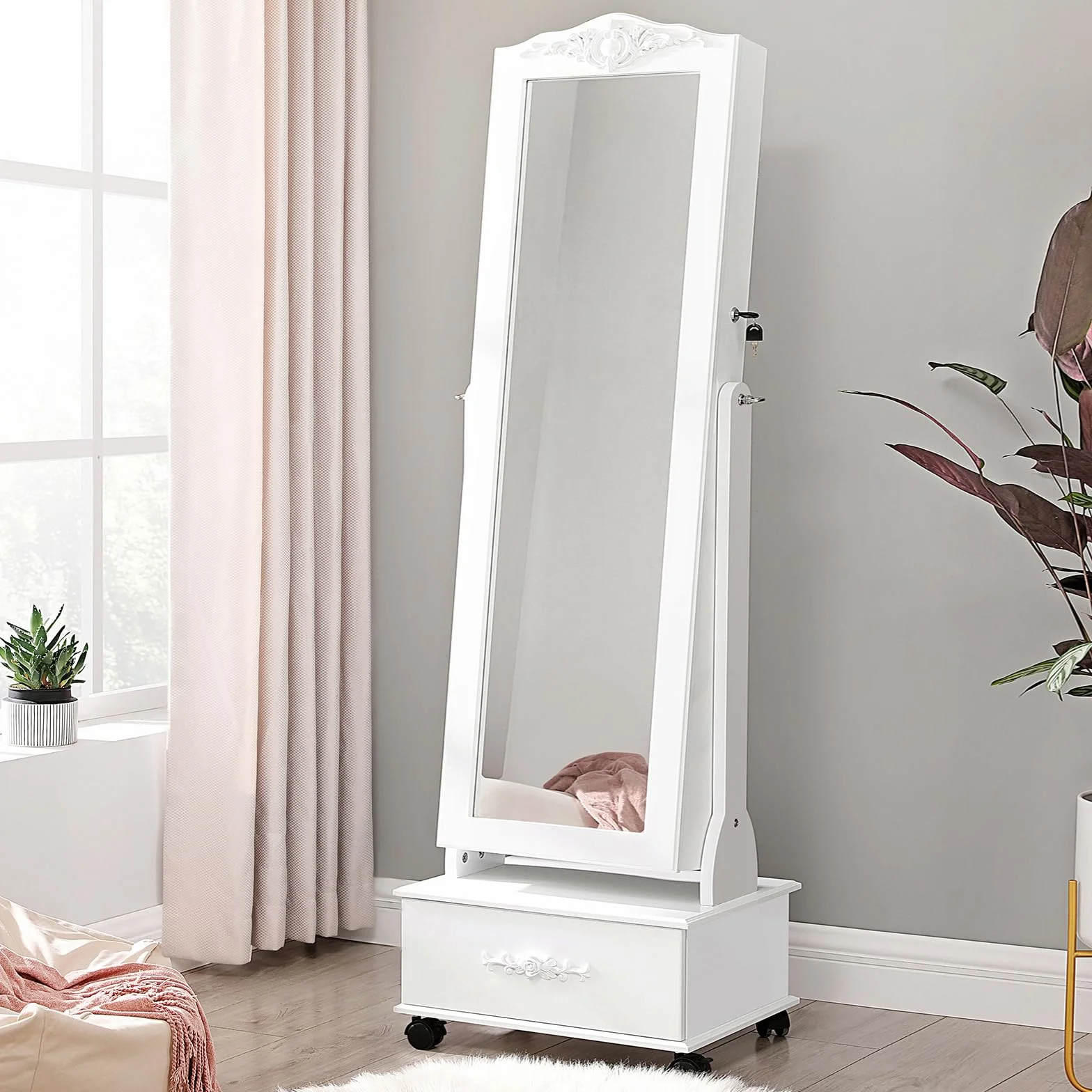 SONGMICS Armario Joyería Ruedas Organizador Joyas Cerradura Luces LED 3 Cajones Espejo Blanco JBC61W