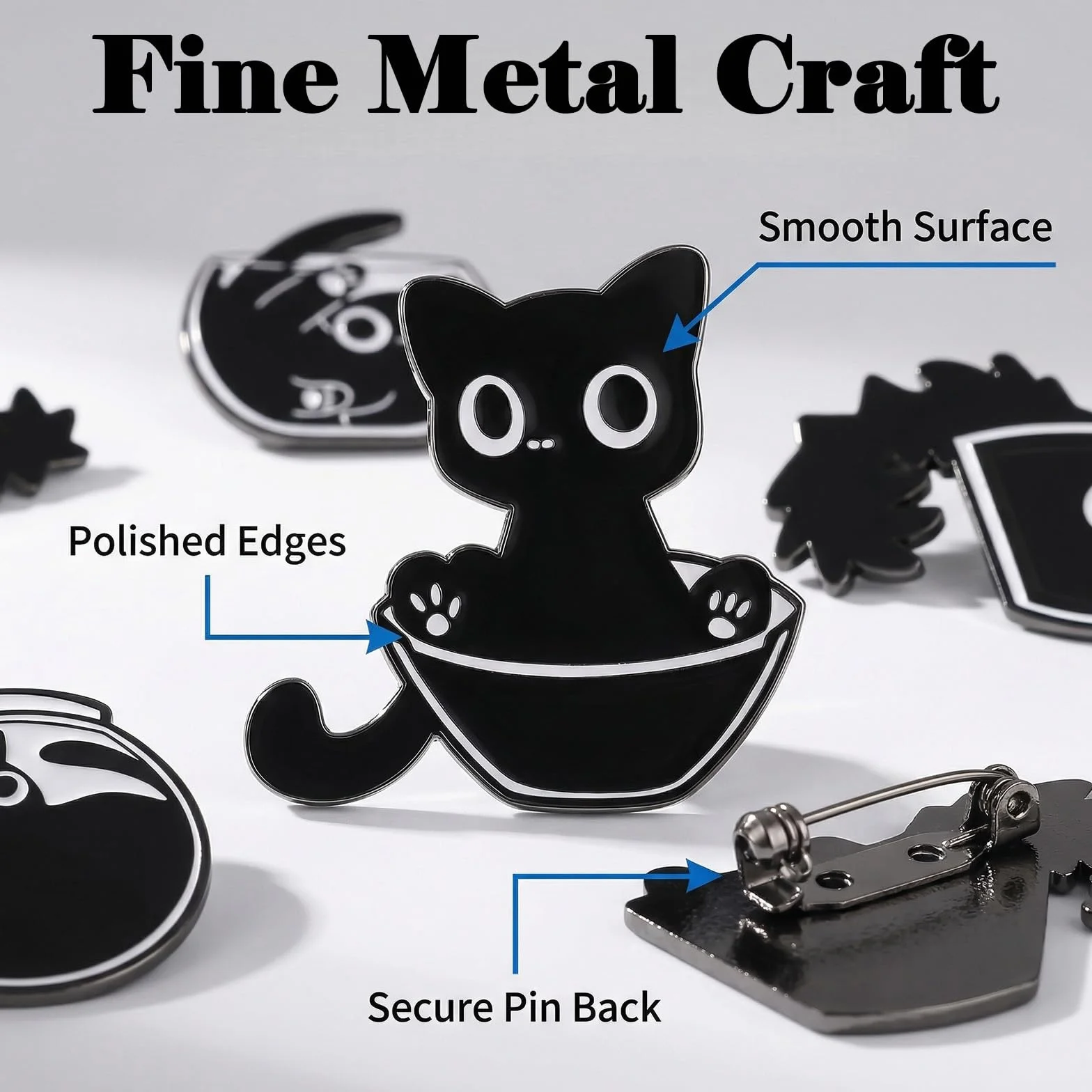 Broches Esmaltados Gato Negro Set 7 Pins para Mochila, Insignias de Esmalte Zinc