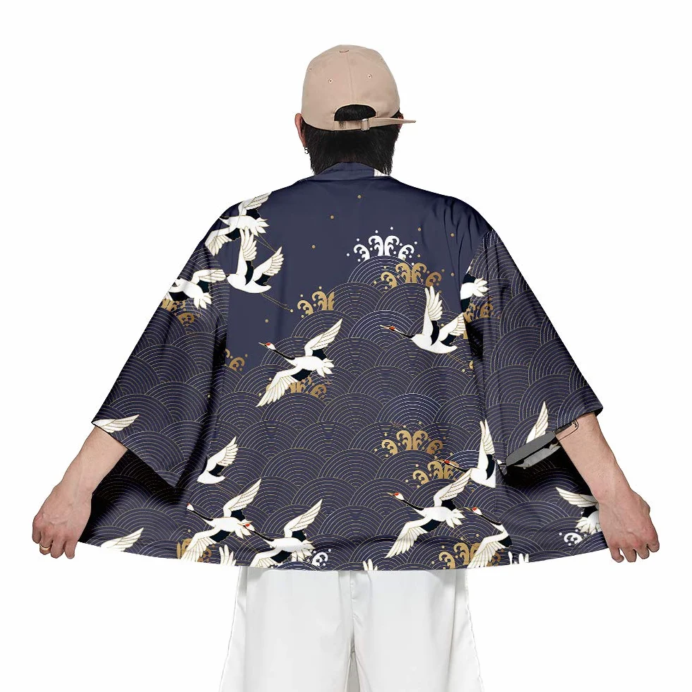 Hombre Hippie Camisa Kimono Japonés Estampado Holgado Manga 3/4