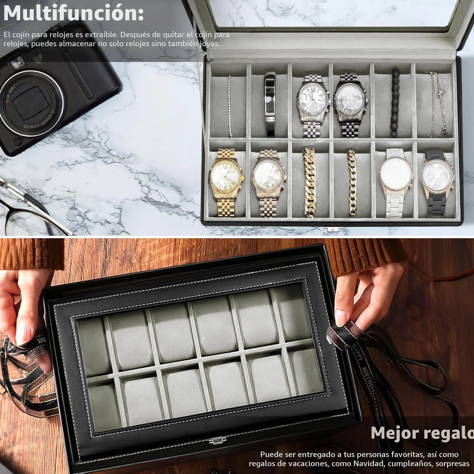 Caja para Relojes con 12 Compartimentos, Cristal y Cojín Extraíble