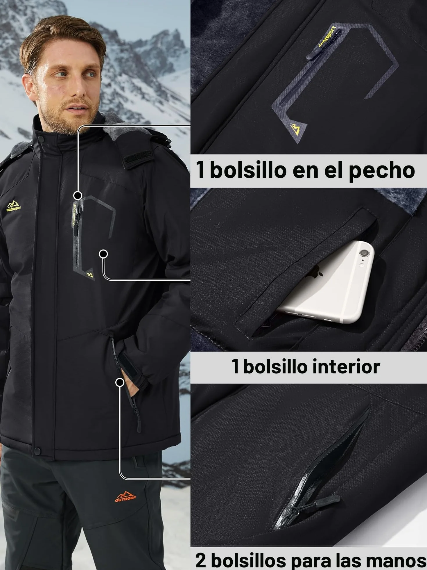 KEFITEVD Chaquetas Impermeables Hombre Lana Invierno Abrigos Térmicos con Capucha Desmontable
