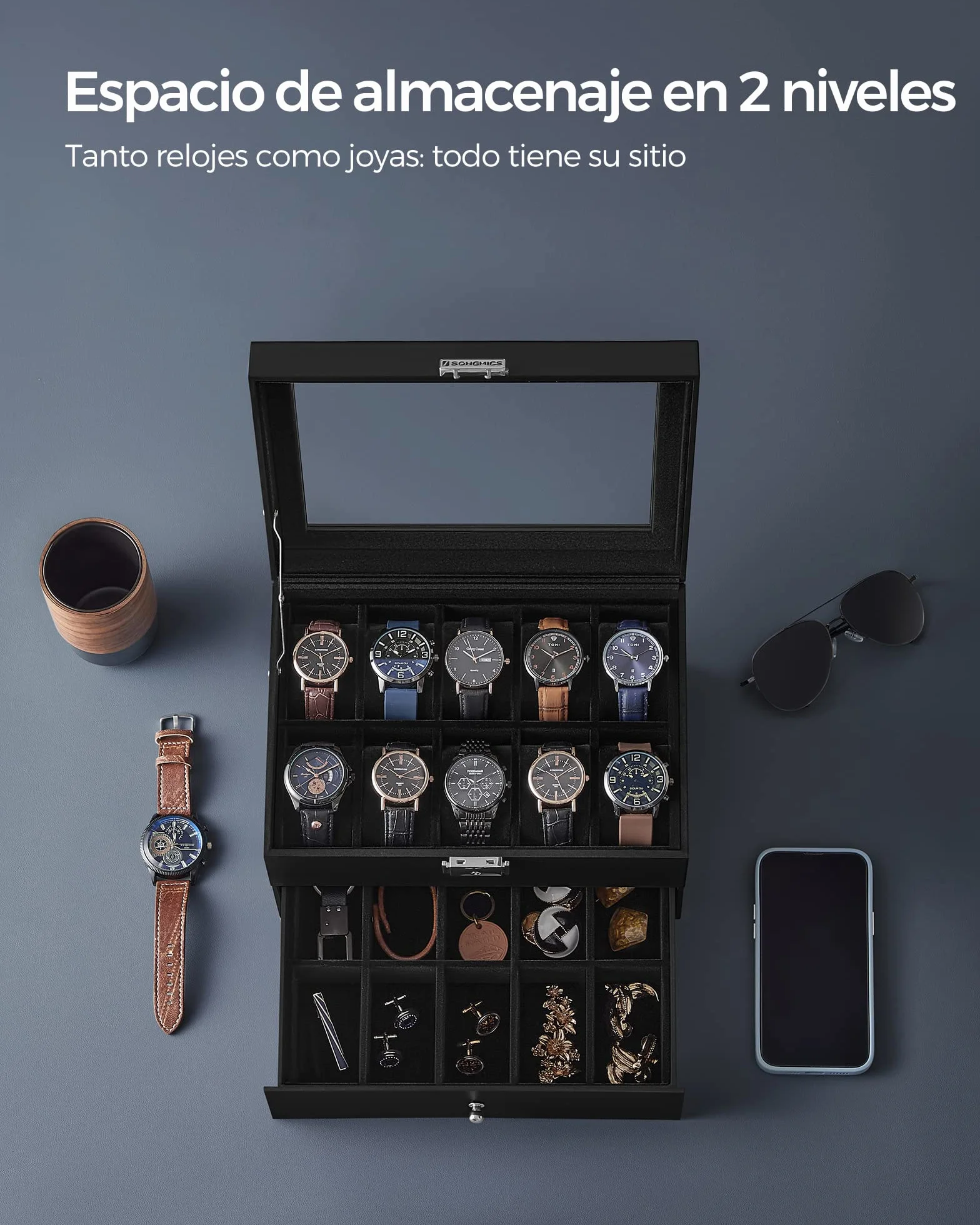 SONGMICS Caja de Relojes 2 Niveles con Tapa de Cristal, Cerradura, Cuero Sintético Negro