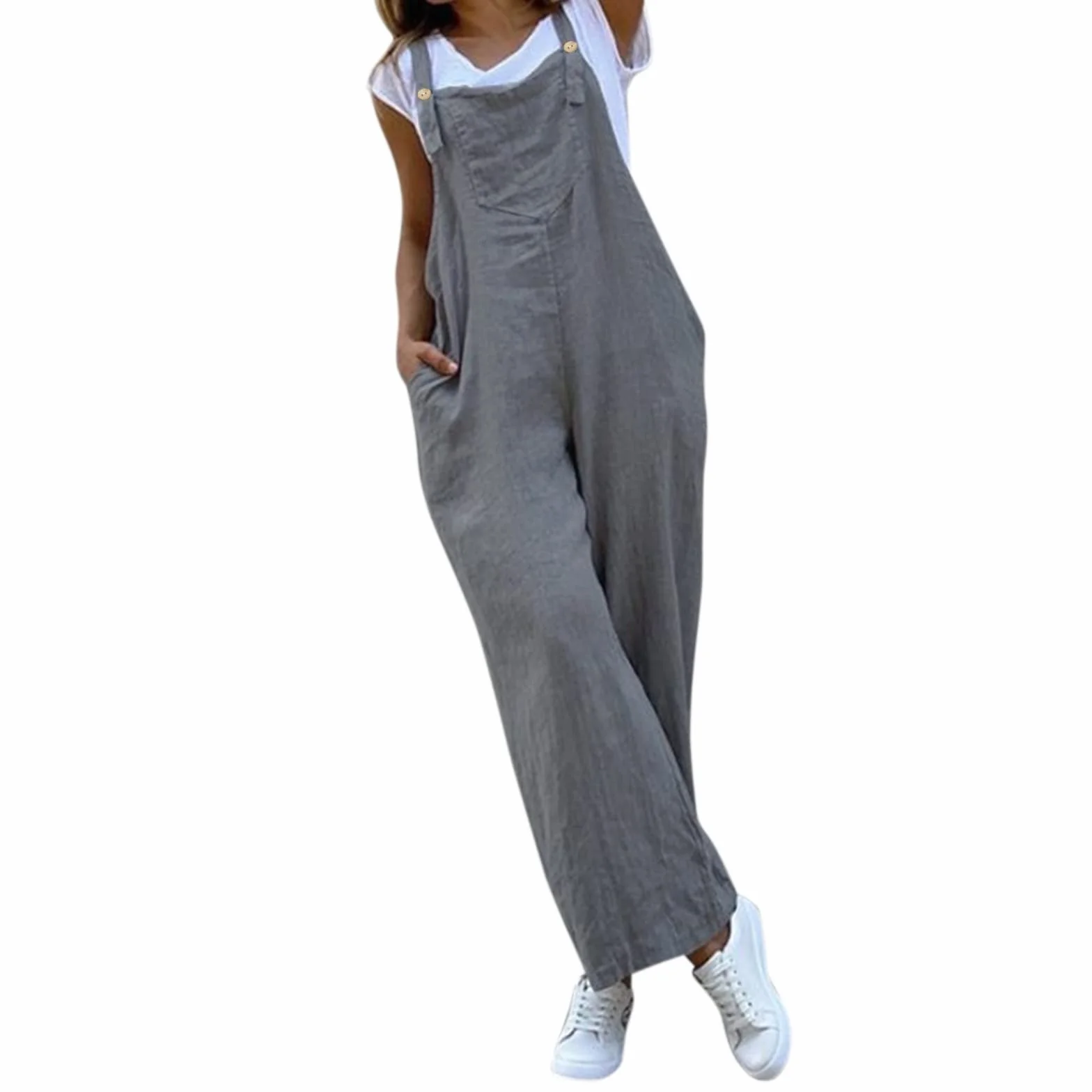 Mono de verano para mujer, ancho, holgado, peto de algodón con bolsillos, elástico