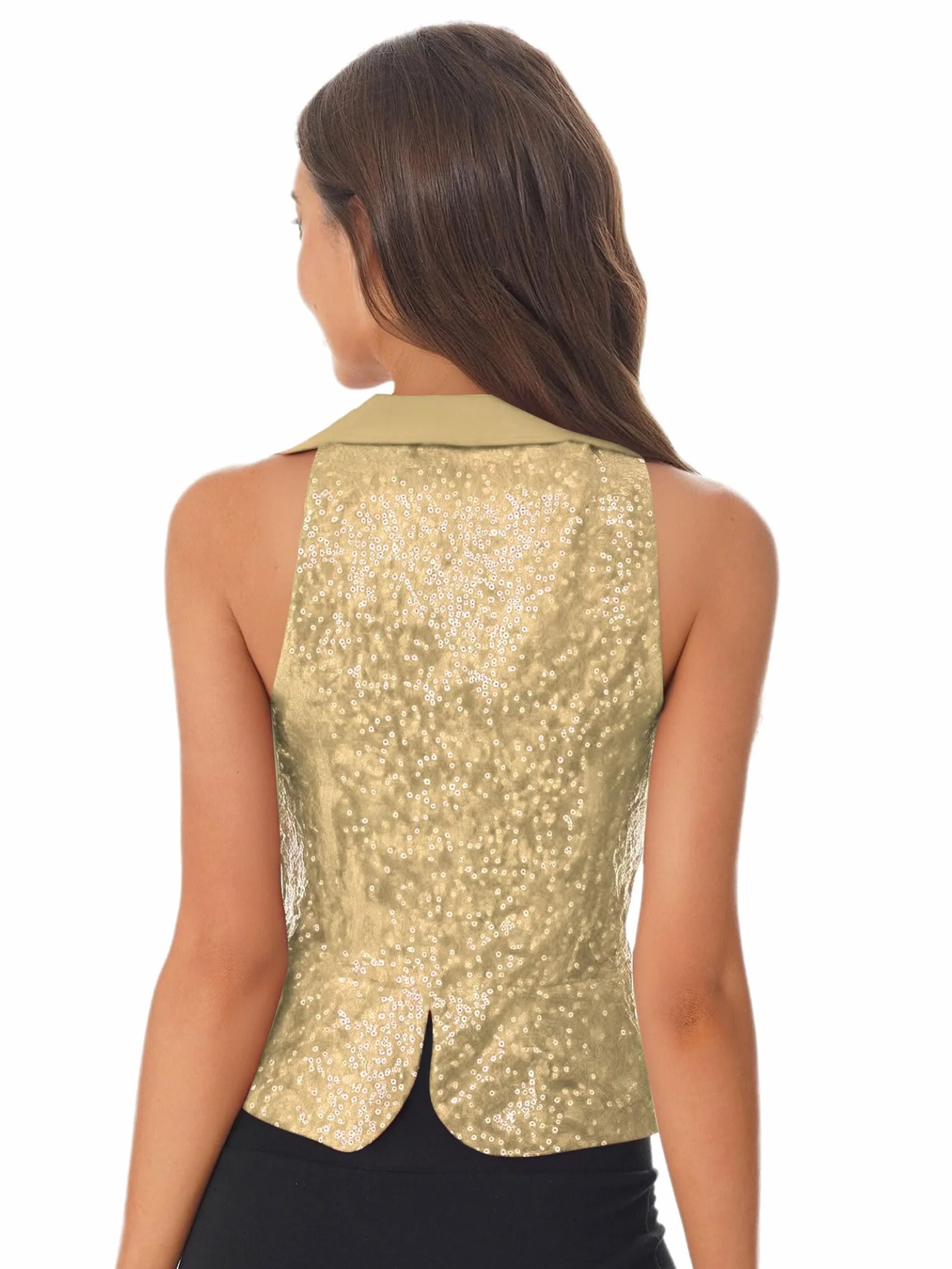 Jugaoge Chaleco brillante para mujer, chaleco festivo con lentejuelas, corte ajustado, cuello en V, blusa profunda, blusa en V, uniforme de camarero, ropa exterior, discoteca, bar, danza