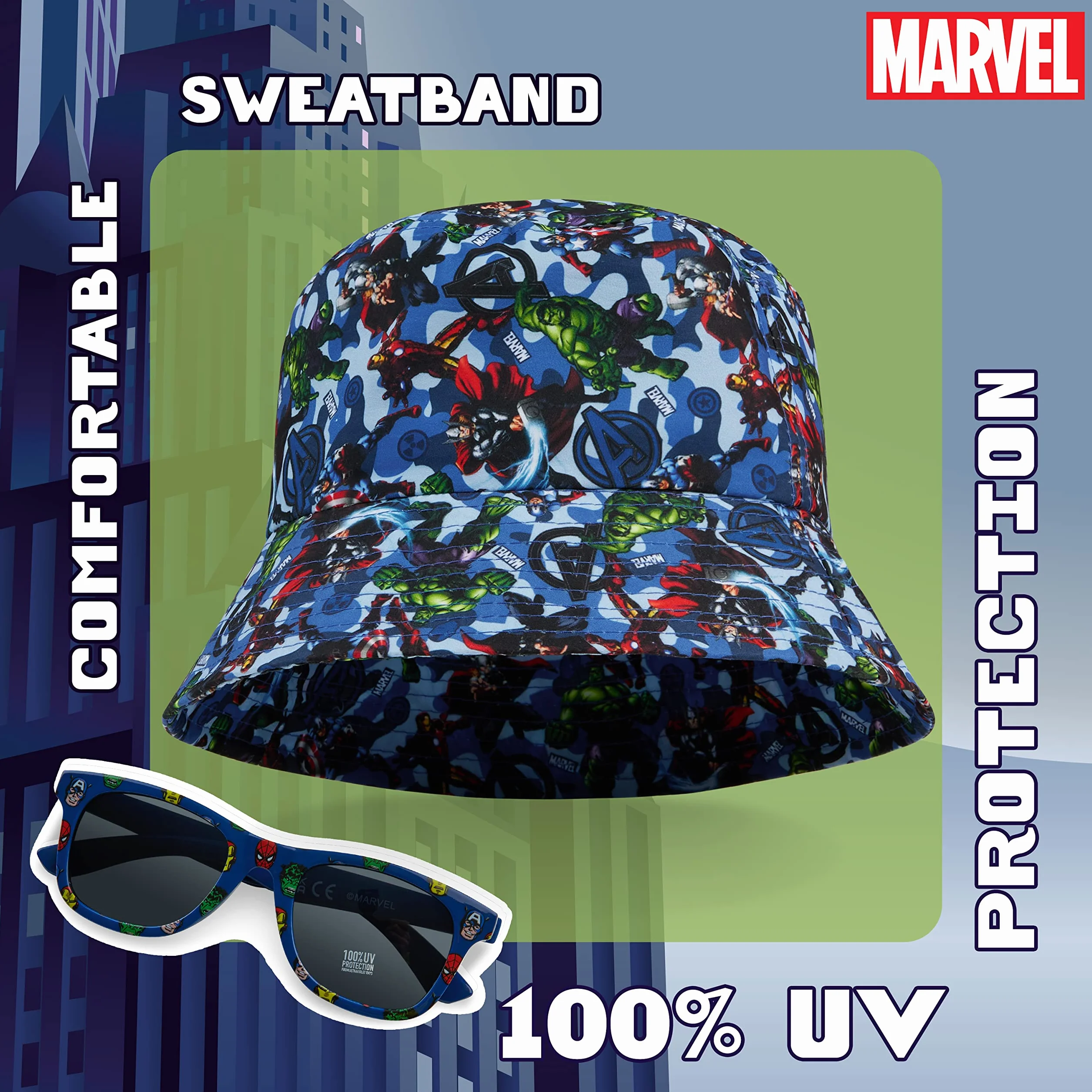 Marvel Gorro Pescador Niño Spiderman Avengers Conjunto Bucket Hat UV 400 Proteccion Solar Playa Verano Talla Unica