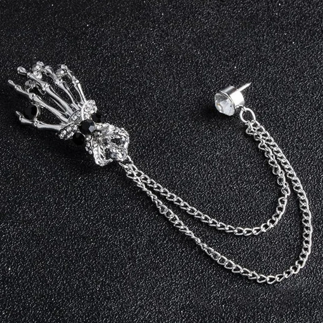 Broche de cadena, alfiler de cuello, broche con forma de mano de esqueleto, broche de Halloween para mujeres y hombres, para traje de negocios, esmoquin, camisa, corbata, sombrero y bufanda