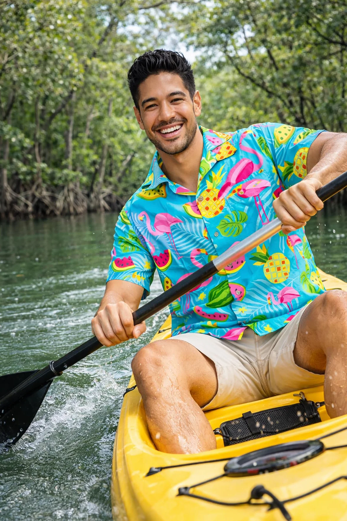 Camisa Hawaiana Hombre Manga Corta Flamingo Melon King Kameha