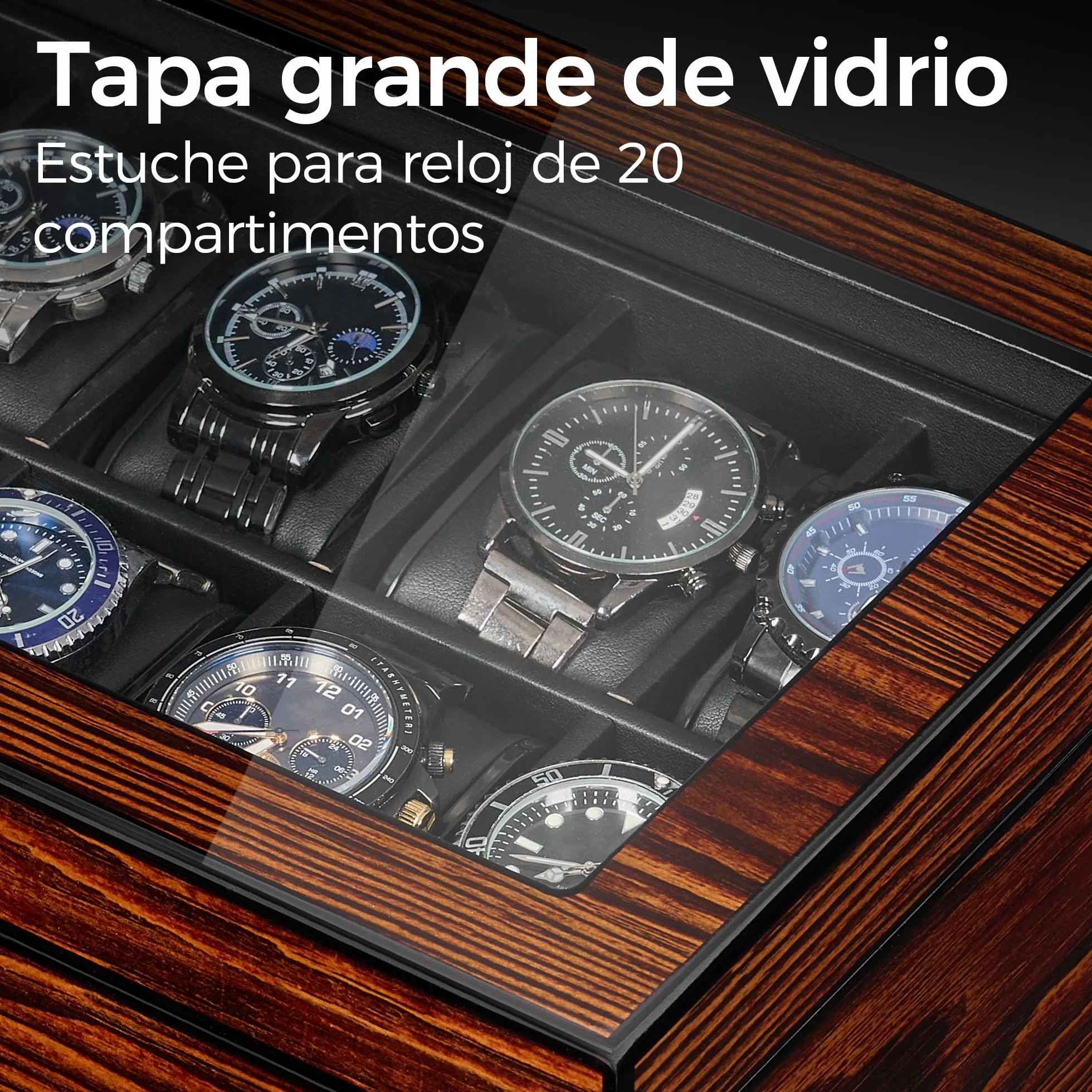 BEWISHOME Caja de Relojes con 20 Compartimentos, Relojero Organizador Hombre, Tapa de Vidrio, Cierre Metálico