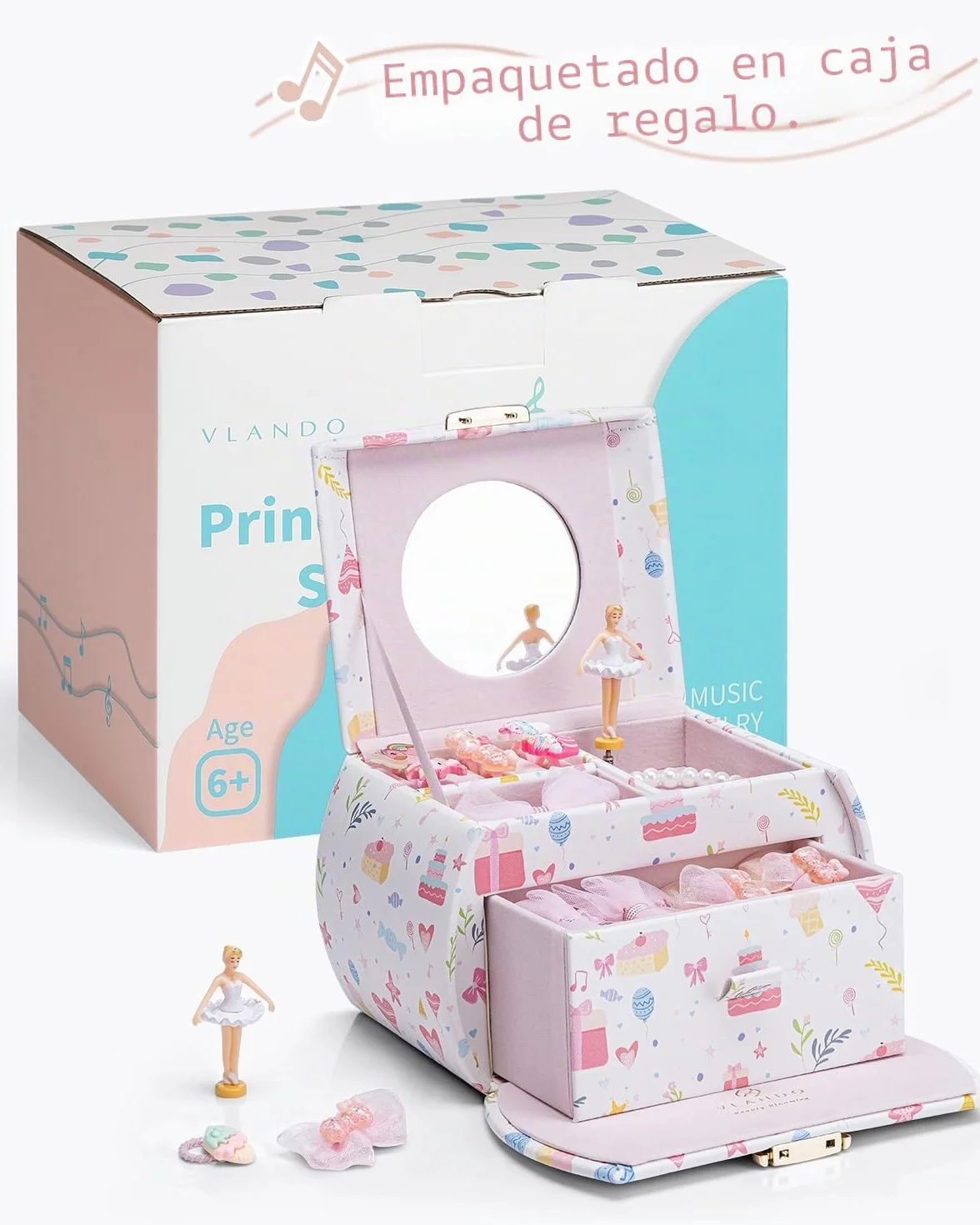 VLANDO Caja de música joyero para niñas con cajones, regalo cumpleaños 6-8 años, bailarina cuero melodía canon