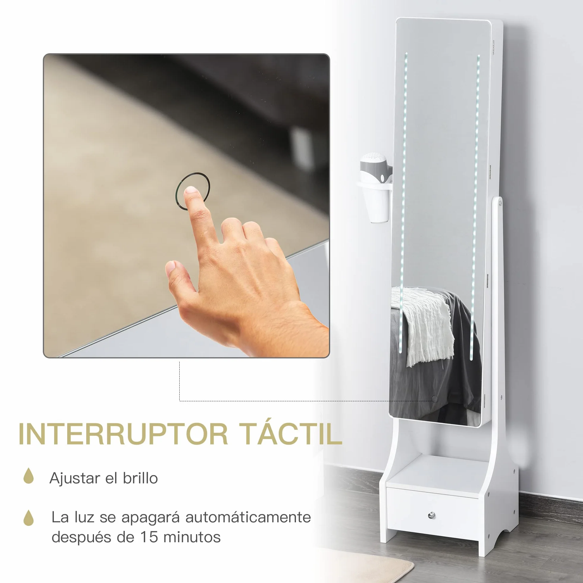 HOMCOM Espejo Joyero LED con Luces Armario Soporte Secador Ajustable Blanco