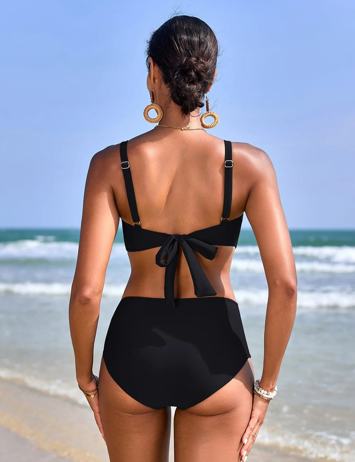 Bikinis Mujer Cintura Alta Reductor Sexy Escote en V Push Up con Relleno Traje de Baño Diseño de Bloques de Color