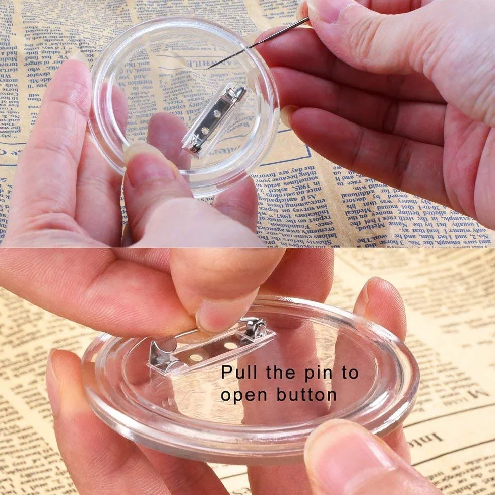 BUYGOO 50 Piezas Chapas Plásticas con Alfiler Incluido, Botón de Pin Redondo de Acrílico Transparente