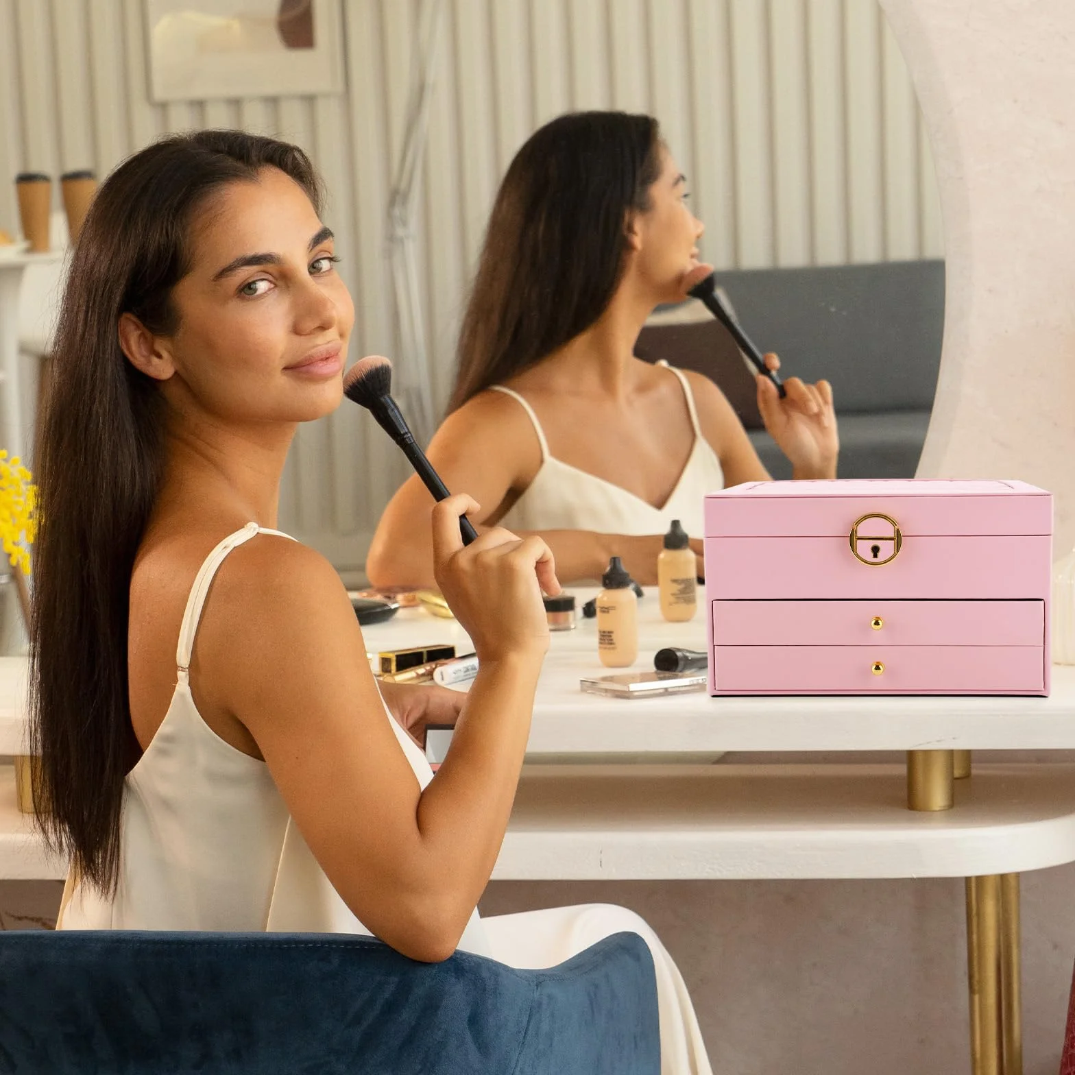 Joyero de 3 niveles con 2 cajones, organizador de joyas, cojín para relojes, cerradura y llave