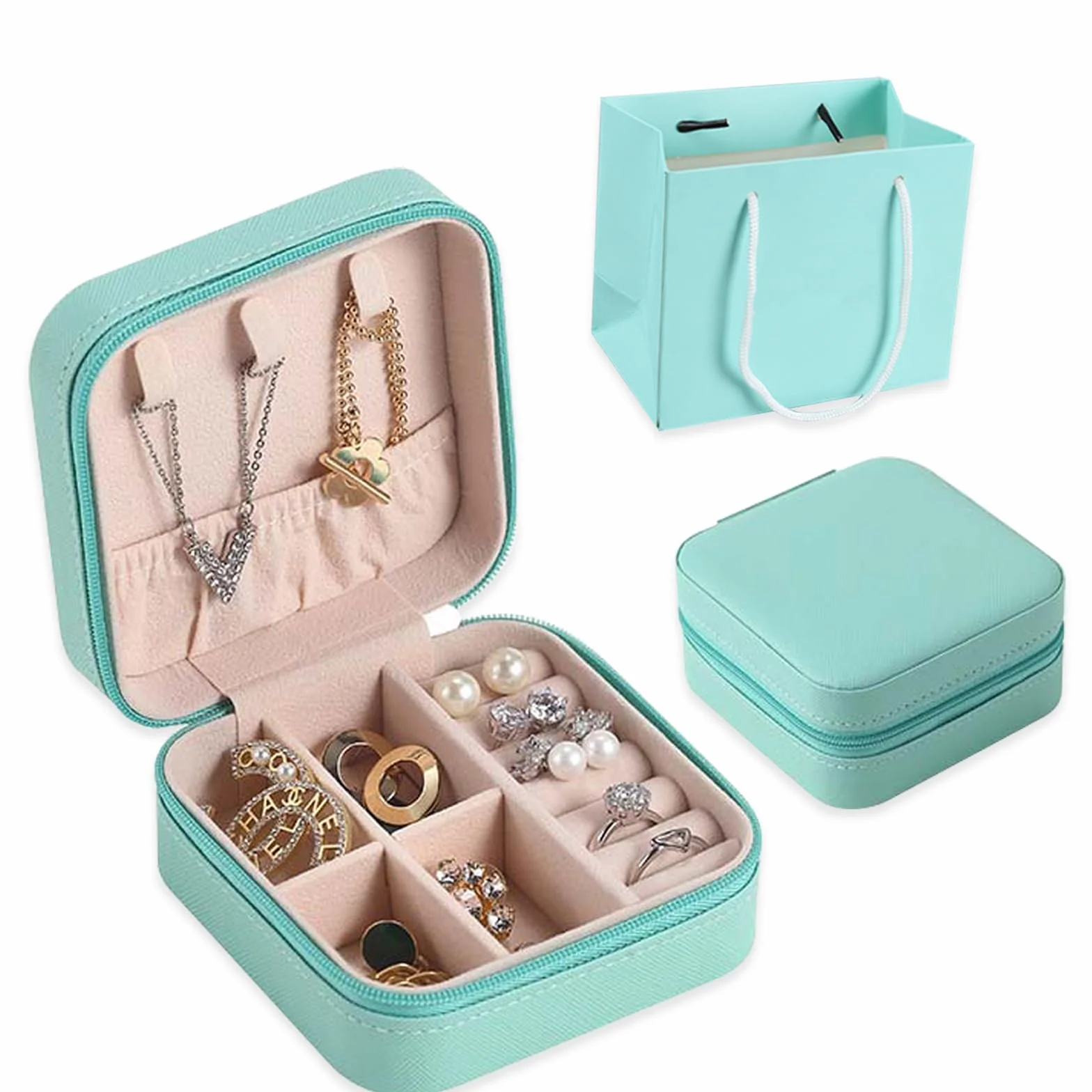 XIANGLONGY Joyero de Viaje Pequeño para Mujer, Organizador de Joyas con Cremallera, Estuche Portátil de Piel Sintética (Azul)