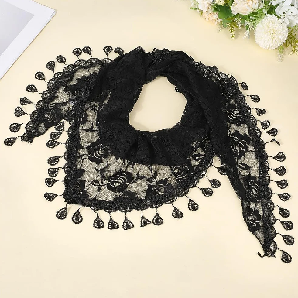 2 Velo Triangular de Encaje de Poliéster con Flores, Diade de Encaje, Chal, Bufanda Latina, Diade de Rosas Negras, Mantilla, Cátedra, Velo de Capilla para Mujeres, Da de Honor de Bodas