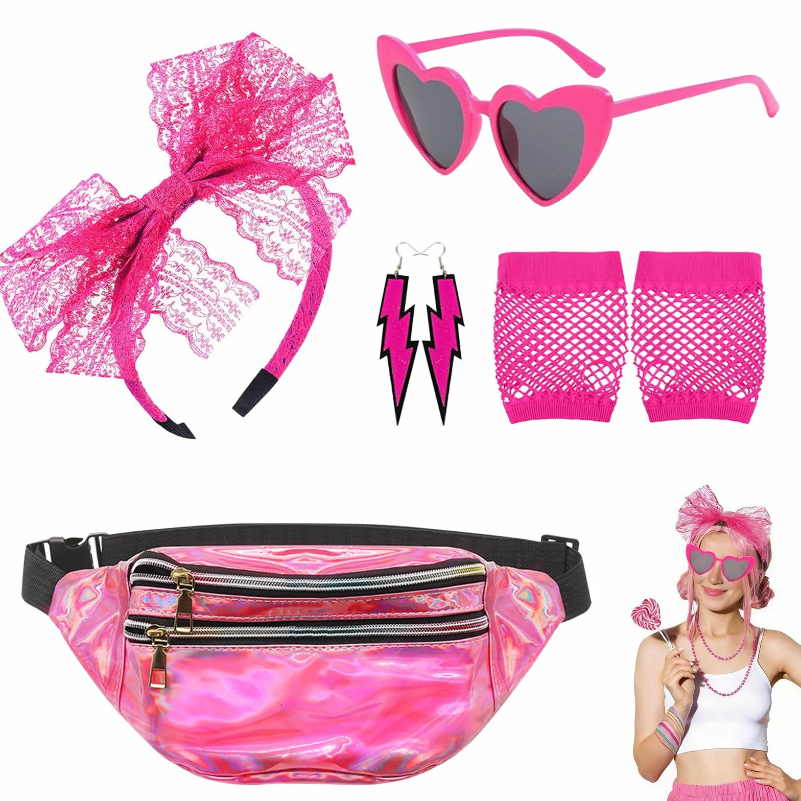 Accesorios Disfraz Años 80 Mujer, Guantes Rejilla Riñonera Gafas Corazón Retro Fiestas Neón Carnaval Halloween Rosa