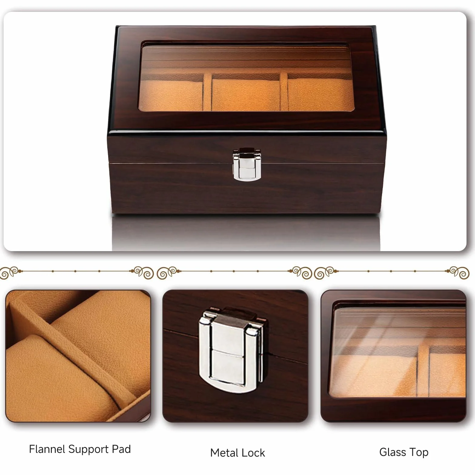 Caja de Relojes de Madera con 3 Compartimentos, Tapa de Cristal, Cierre Metálico, Almohadas Extraíbles, Marrón Rojo