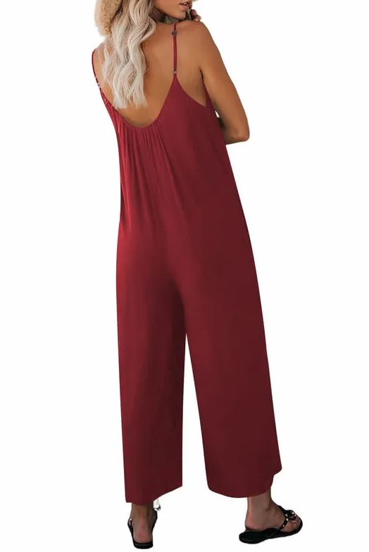 Haibang Peto Mujer Verano Sin Mangas Cuello en V Elegante Monos Pantalón Jumpsuit con Bolsillos