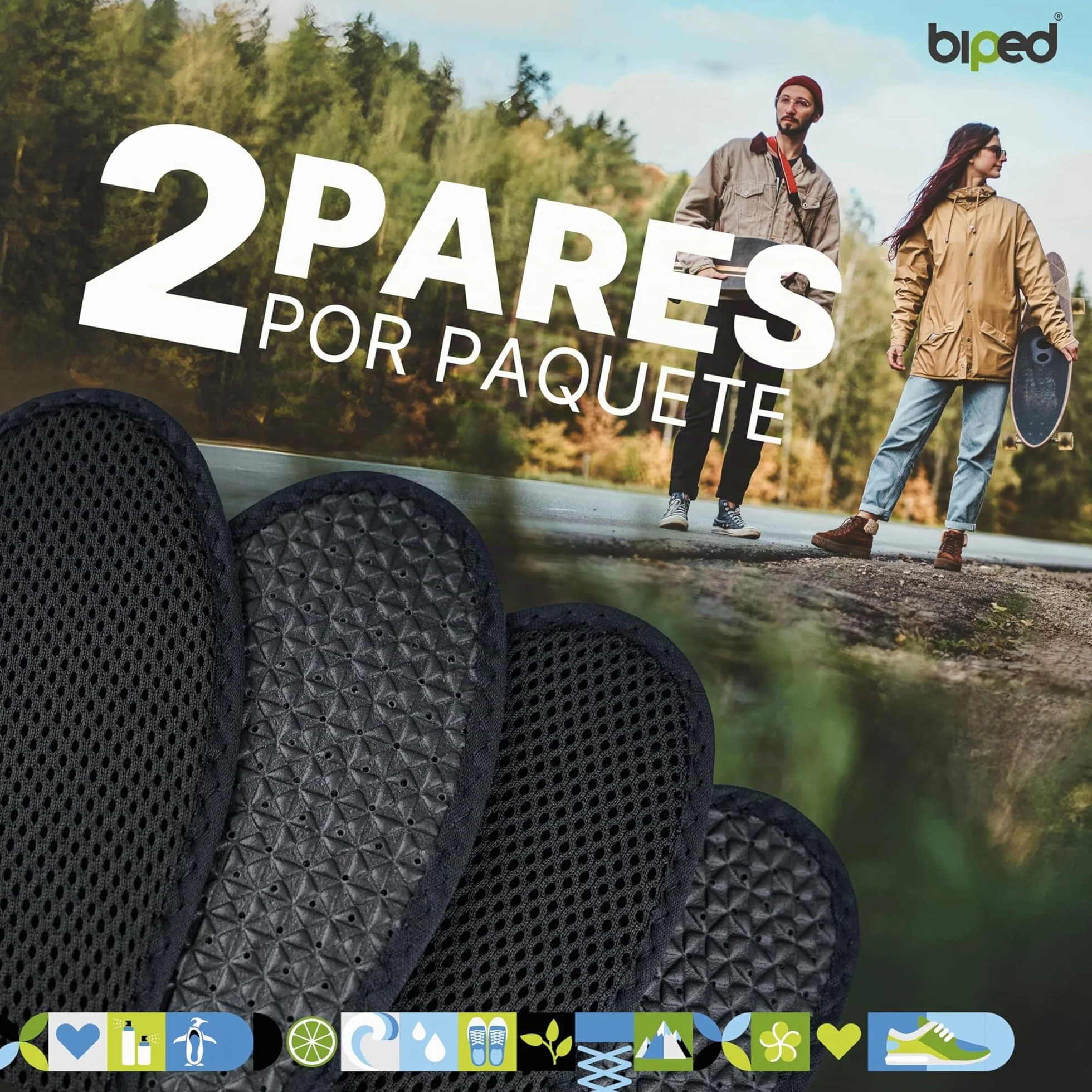 Biped 2 Pares Plantillas de Carbón Activo Frescura Higiénica Lavables Contra el Sudor