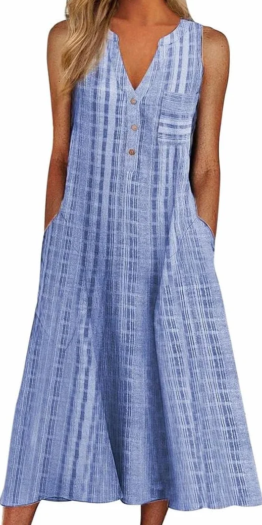 Women Casual Stripe V Neck Sleeveless Long Dress with Pocket Summer Beach Dress