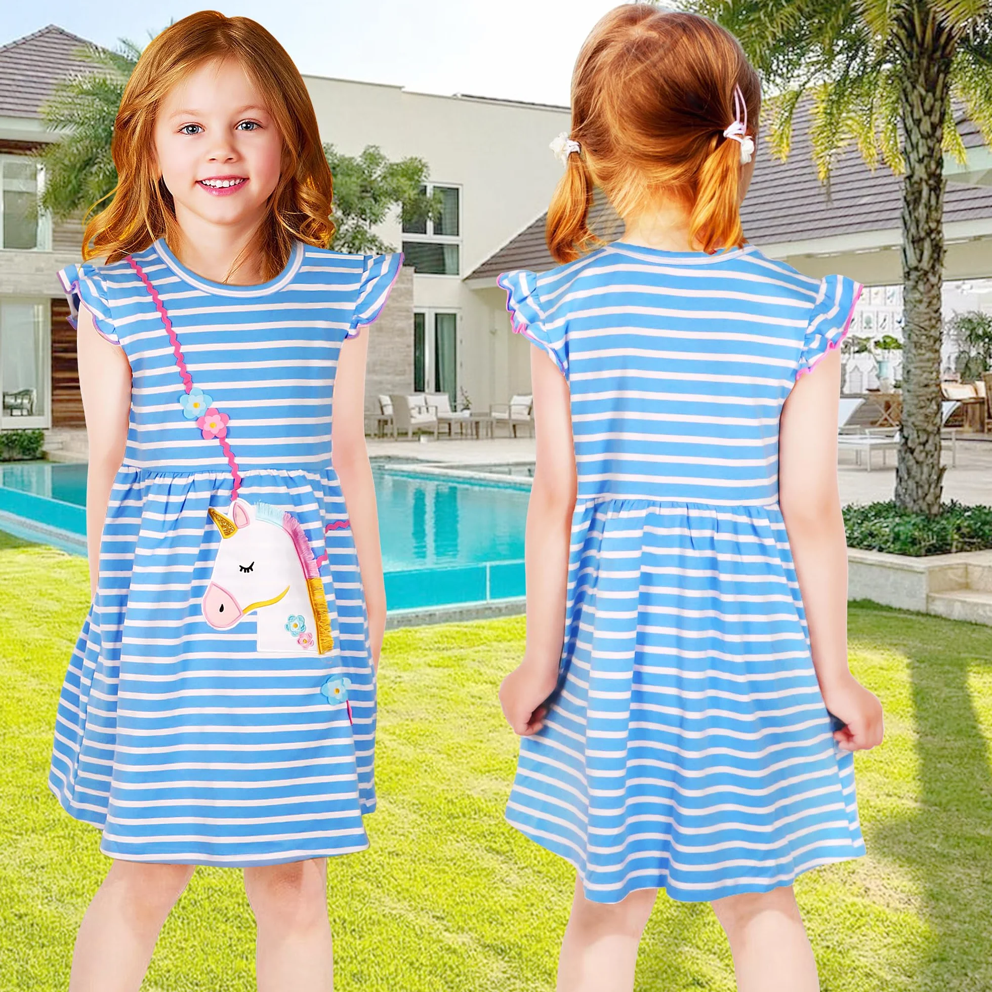 JinBei Vestido para Niñas Algodon Manga Corta Cuello Redondo T-Shirt Rayas Unicornio 2-8 Años