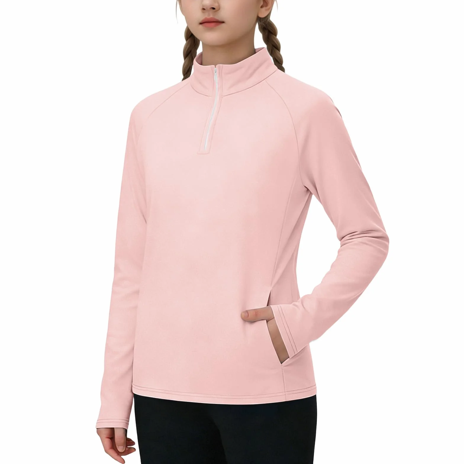 Camiseta de Protección Solar Niña Manga Larga 1/4 Cremallera Secado Rápido Transpirable Thumbhole 4-15 años