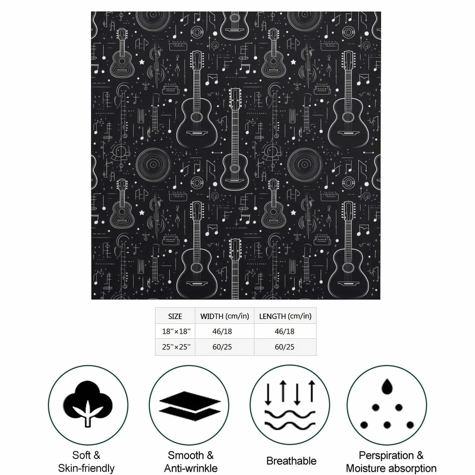 Bandanas negras con estampado de guitarra para mujeres y hombres, bandana de seda, pañuelo para la cabeza, pañuelo para el cabello