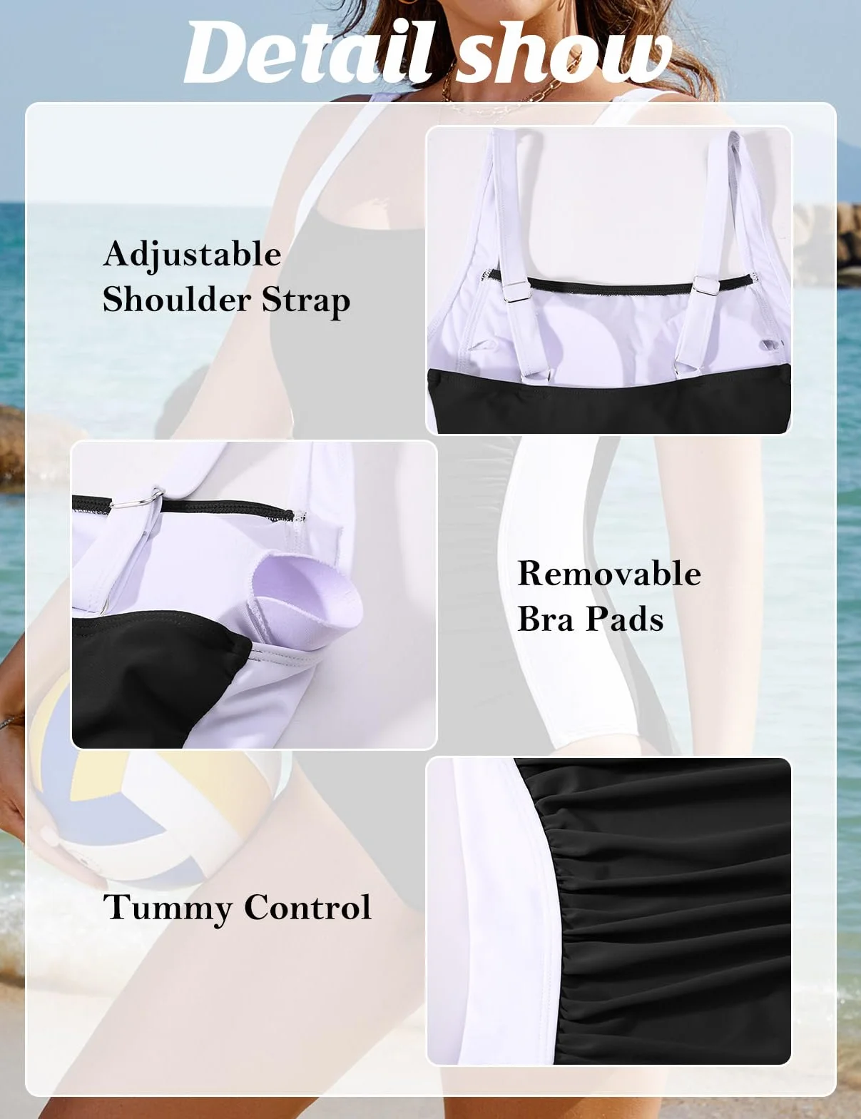 Bañador Reductor de Vientre Plano Mujer con Fruncido Traje de Baño Una Pieza Cuello en U Talla Grande Verano