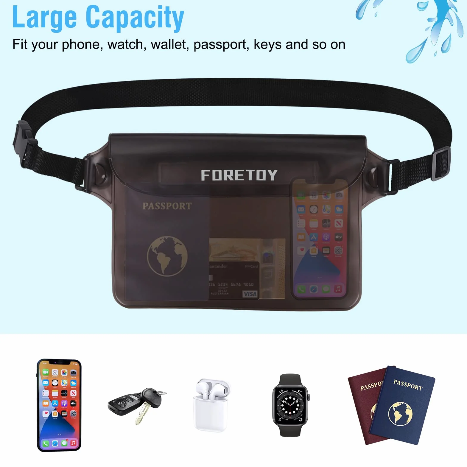FORETOY Bolsa Impermeable 2 Pack Riñonera IP68 para Deportes Acuatica Playa Natación