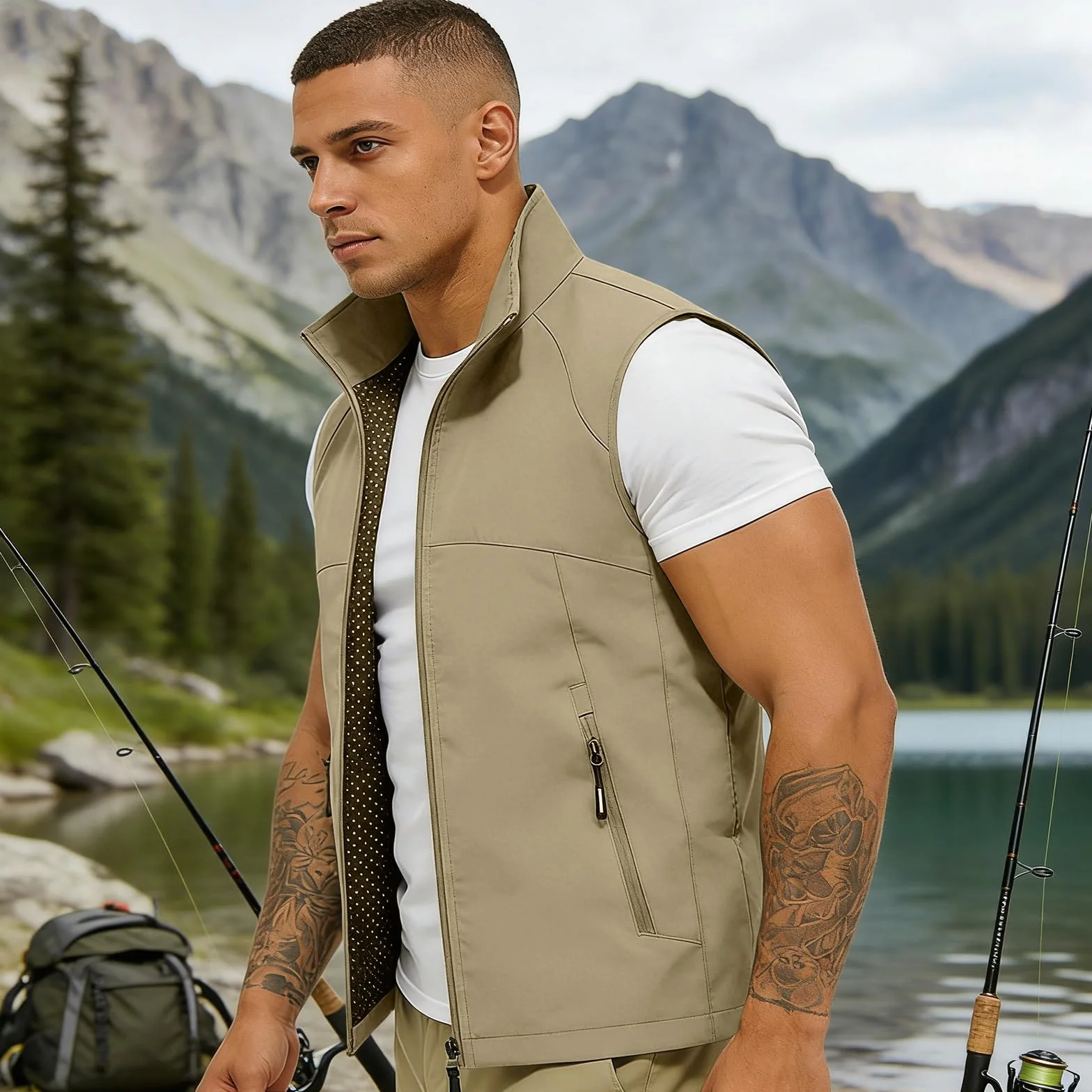 Chaleco de trabajo para hombre al aire libre transpirable, chaleco de pesca ligero, cuello alto sin mangas con cremallera