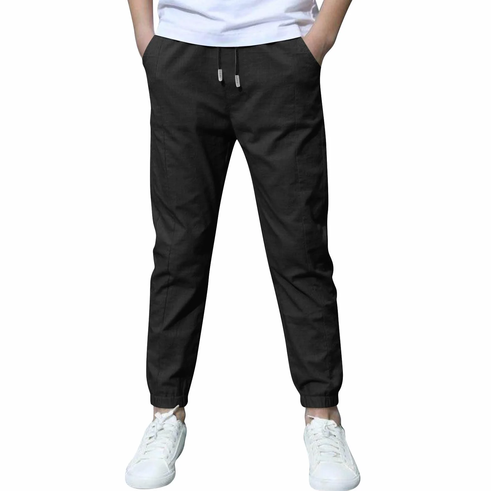 Pantalones de chándal de lino para niños con cordón, cintura elástica, ajuste holgado