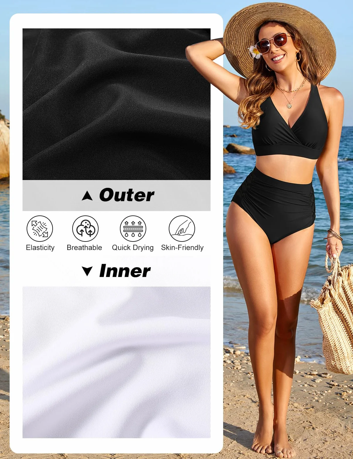 CMTOP Bikinis Traje de Baño Dos Piezas Cuello en V Bañadores Mujer Reductores Cintura Alta Control de Vientre Push up