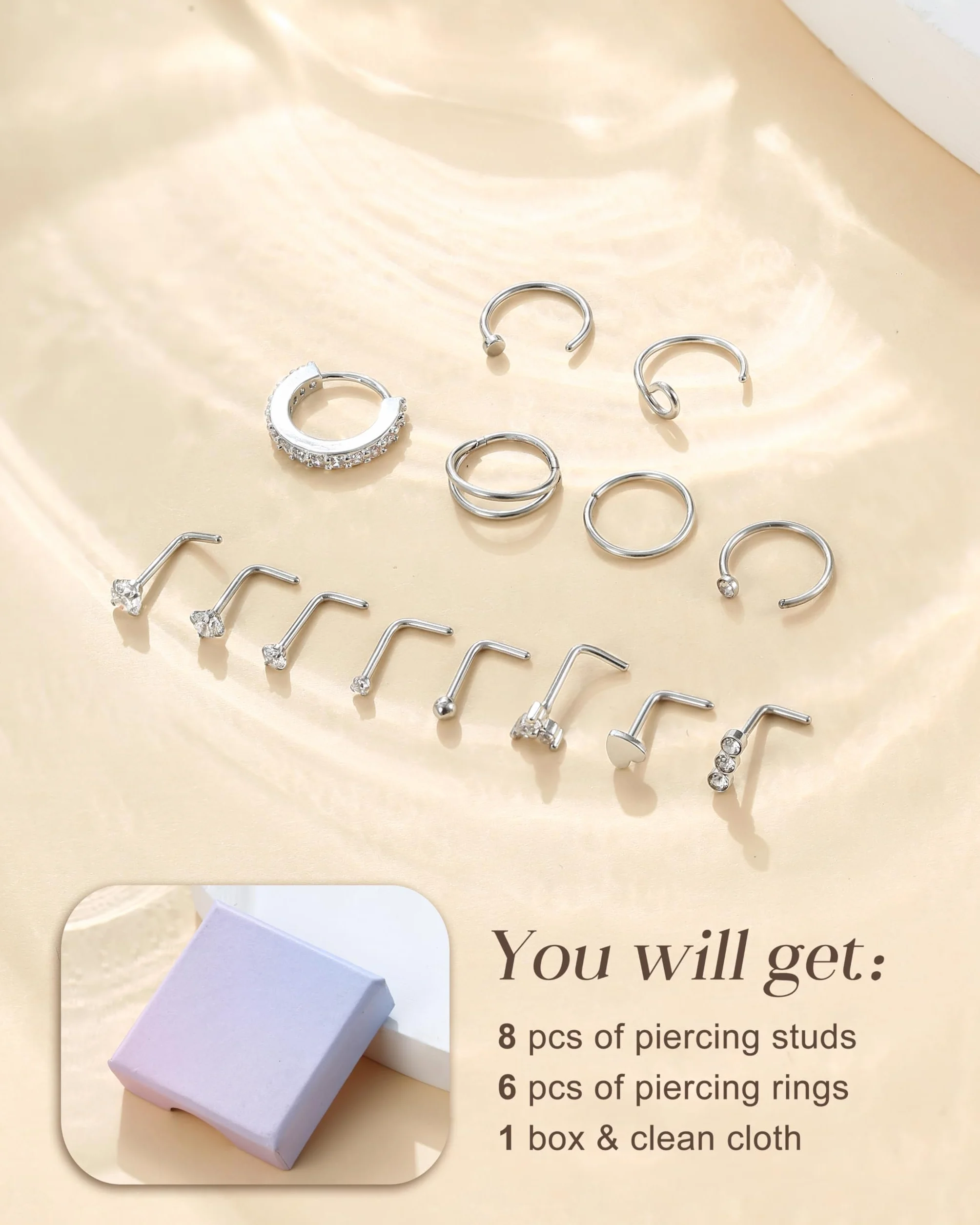 CASSIECA 14 Piezas Piercing Nariz Acero Quirúrgico Forma de L Hipoalergénico Anillos de Nariz Plata Oro Mujer Hombre