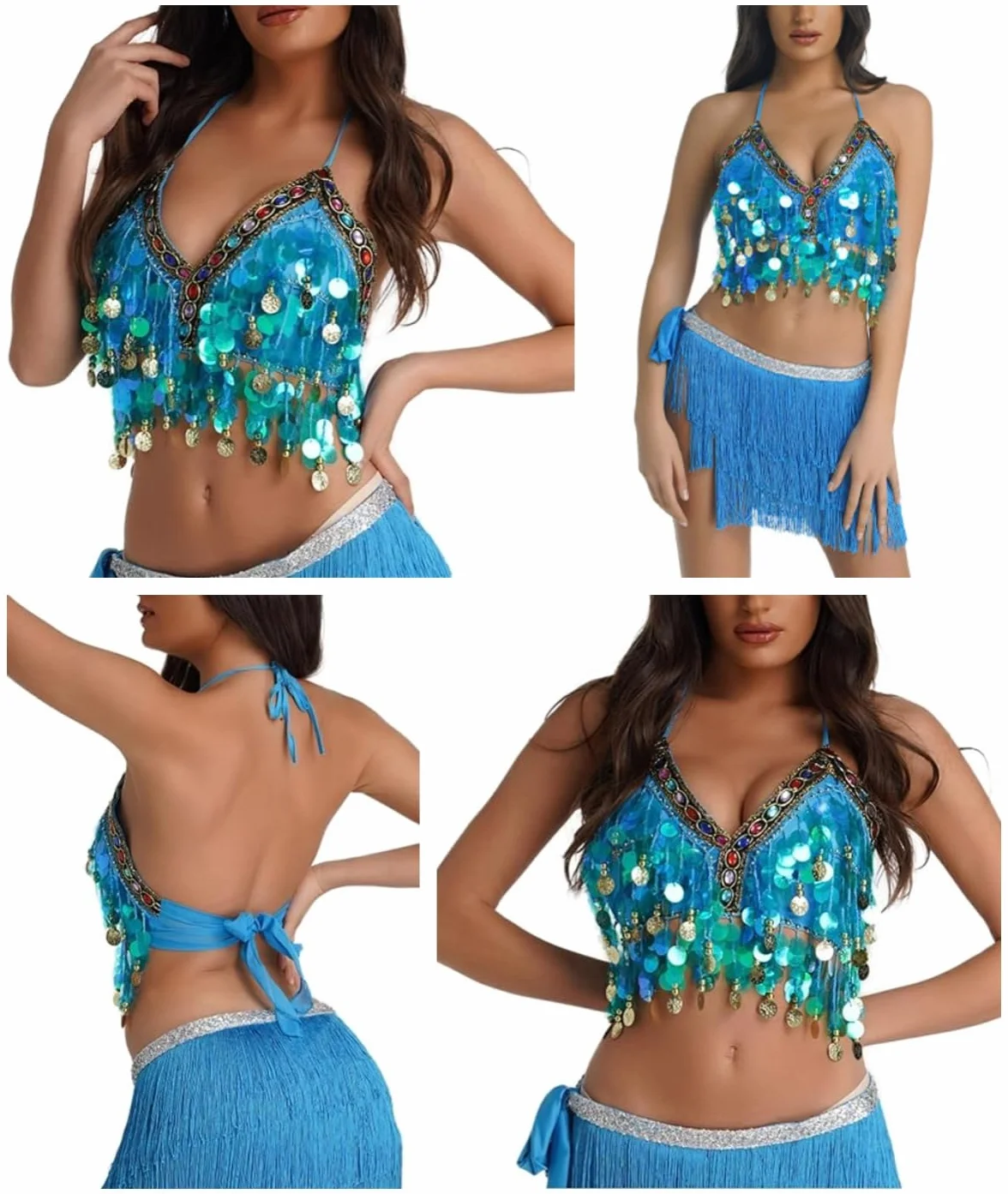 Sujetador con lentejuelas para danza del vientre, top corto brillante cuello halter flecos