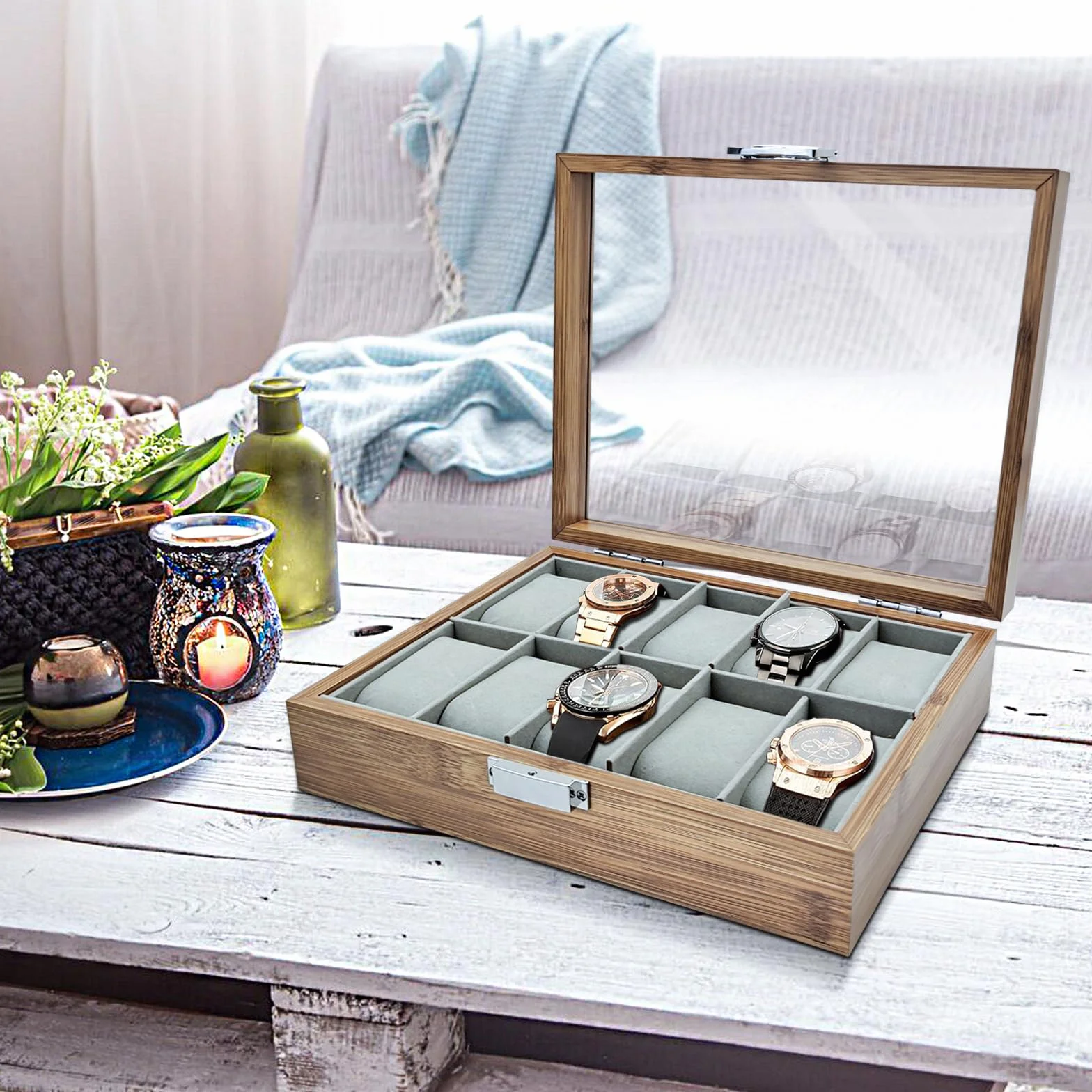 Caja Relojes de Madera con Almohada Extraíble, Estuche Relojero Organizador para Hombre 10 Ranuras