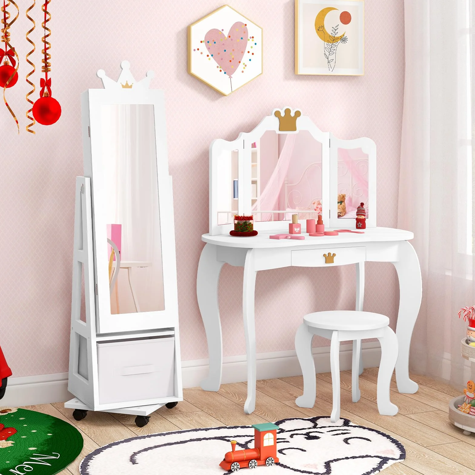 COSTWAY Armario Joyero para Niñas con Espejo de Cuerpo Completo y Base Giratoria, Blanco