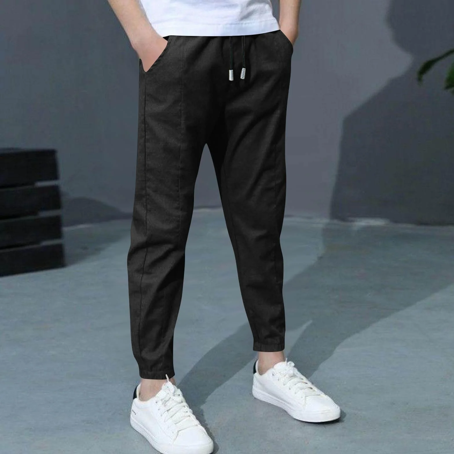 Pantalones de chándal de lino para niños con cordón, cintura elástica, ajuste holgado