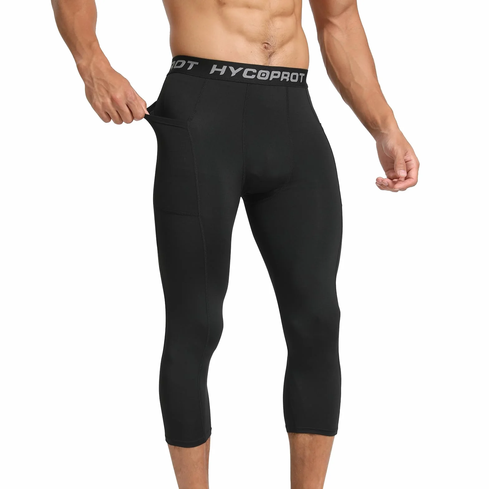 HYCOPROT 3/4 Pantalones de Compresión para Hombres con Bolsillos, Deportivos para Correr, Entrenamiento, Yoga y Baloncesto