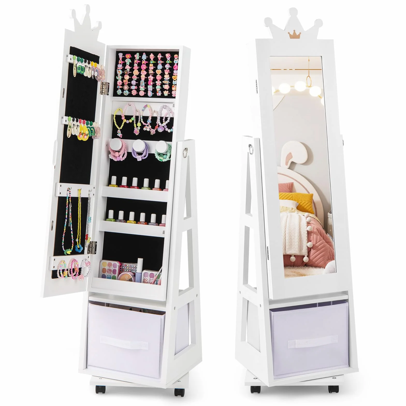 COSTWAY Armario Joyero para Niñas con Espejo de Cuerpo Completo y Base Giratoria, Blanco