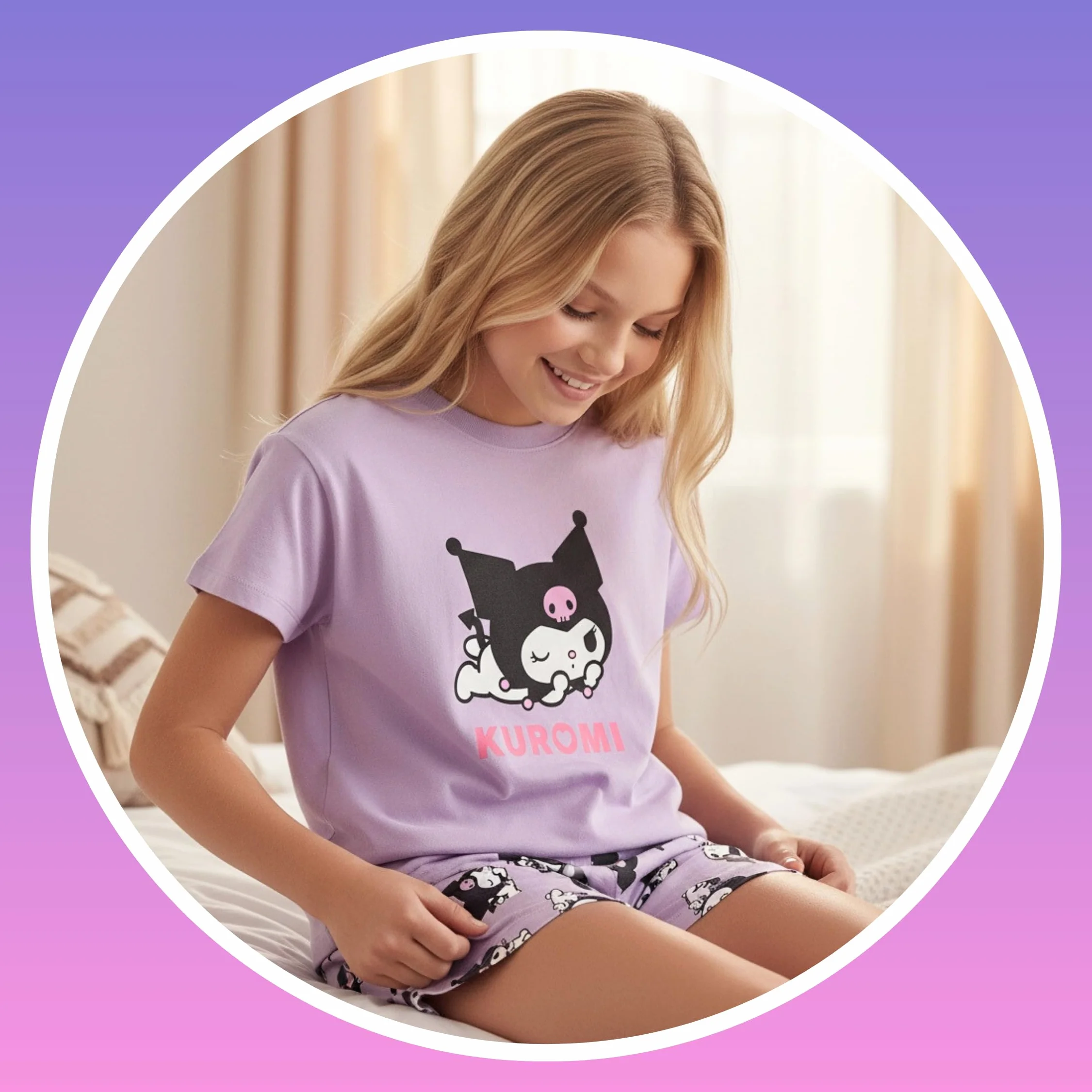 Hello Kitty Kuromi Camiseta y Pantalon para Niña, Pijama Conjunto 2 Piezas Camiseta Manga Corta y Pantalon Corto, Tallas 8 a 14 Años