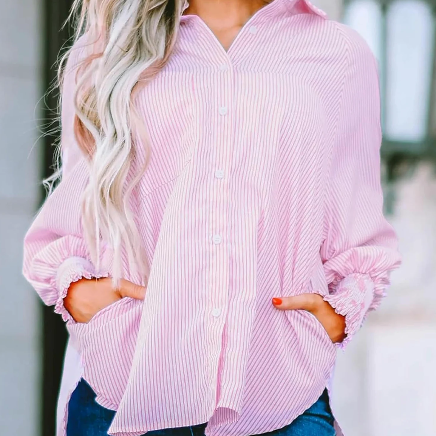 Mid-Length Shirt with Striped Lapel and Oversized Drawdown Sleeves, Striped Button Down Shirt Women (M,06)