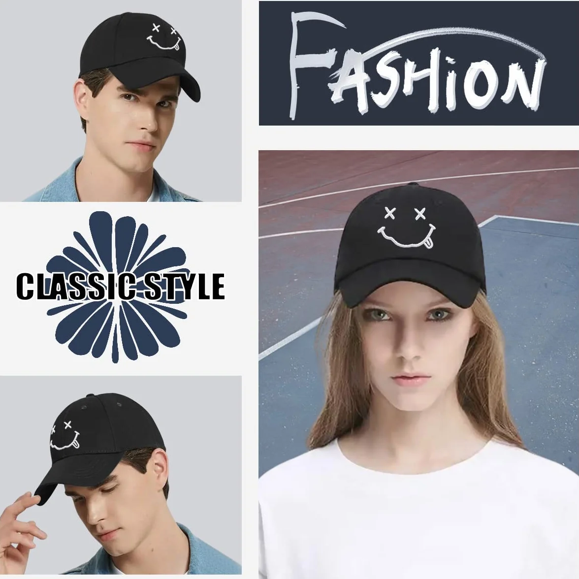 Gorra de béisbol para Hombre Unisex Algodón Ajustable de 6 Paneles 3D Carta Smiling Bordado