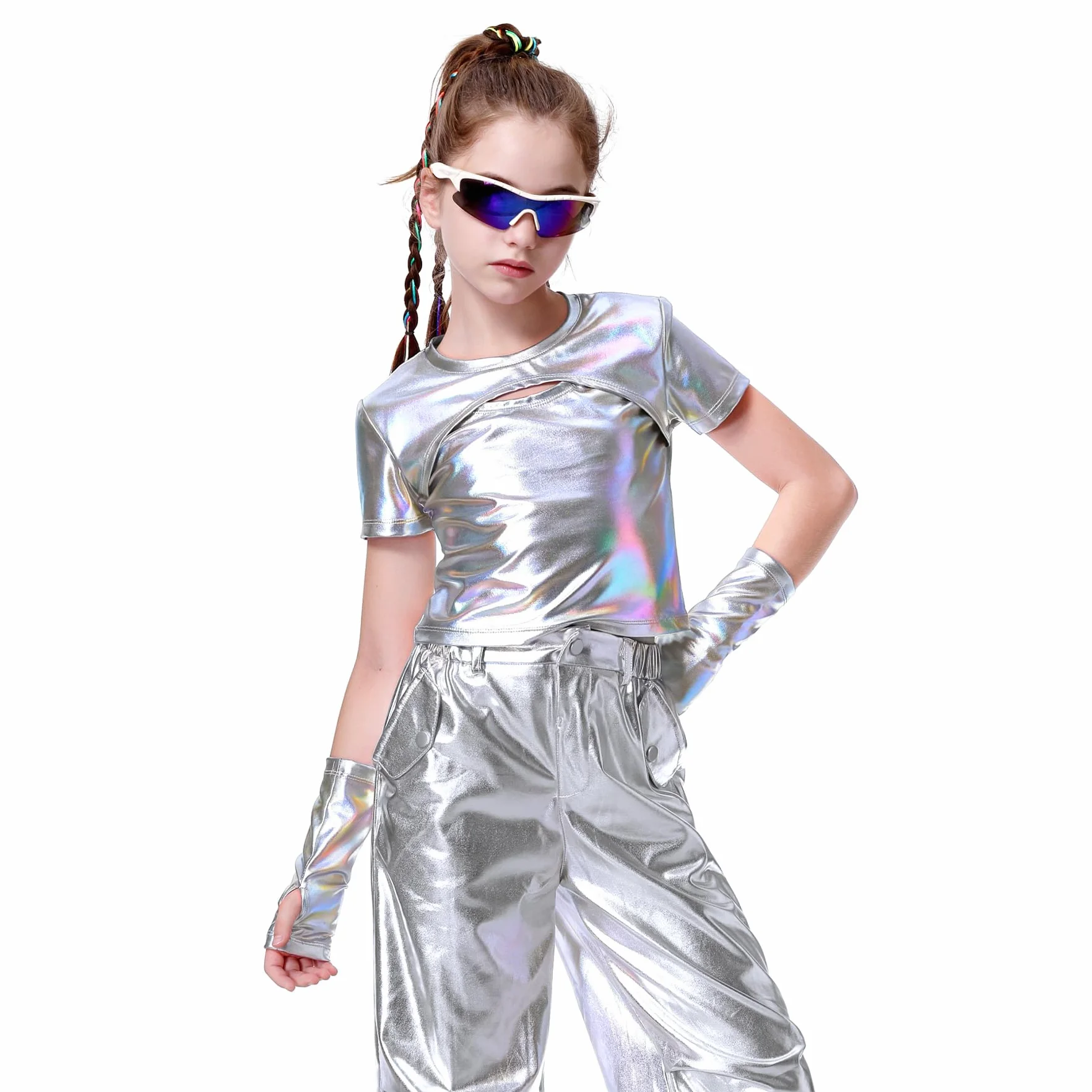 LOLANTA Top Metálico Camisa Danza Niña Jazz Moderno Hip-Hop Brillante para Baile