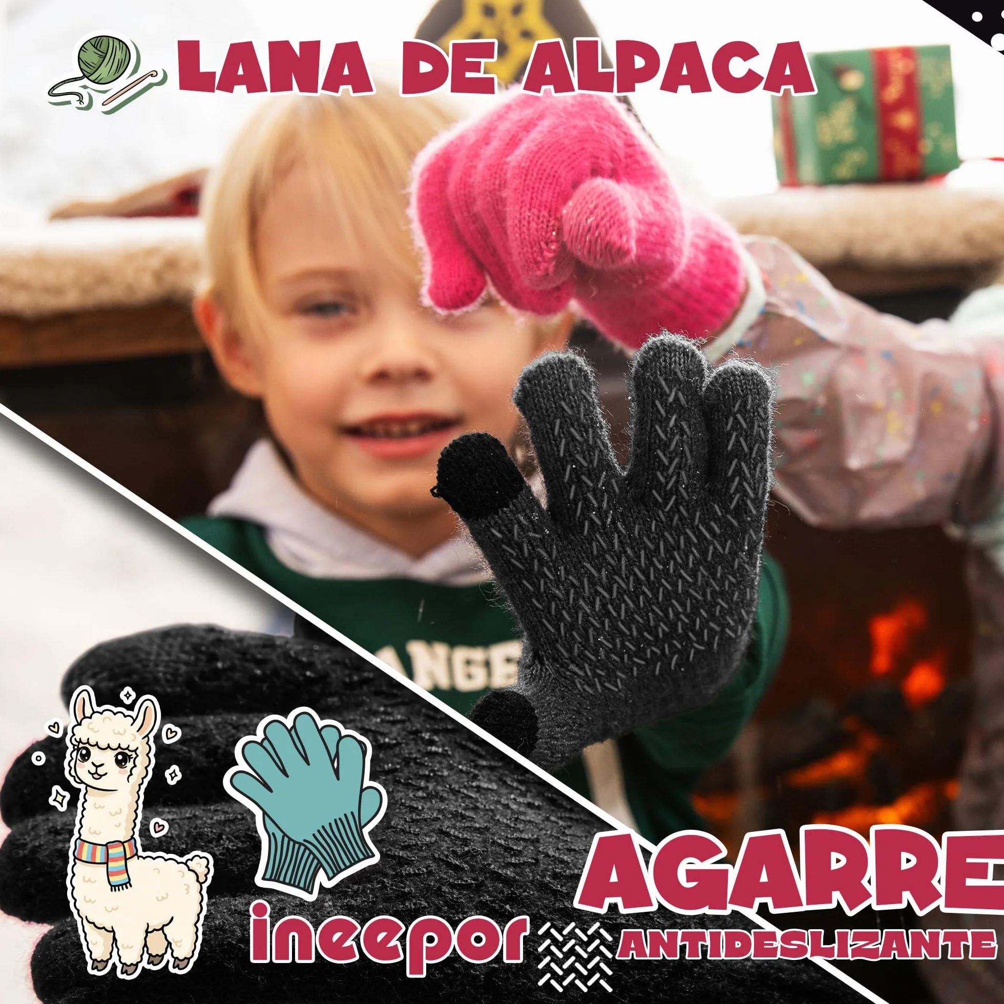Guantes Termicos Niño Alpaca Forro Polar Invierno Doble Capa Cortaviento Punta Tactil 3-12 Anos