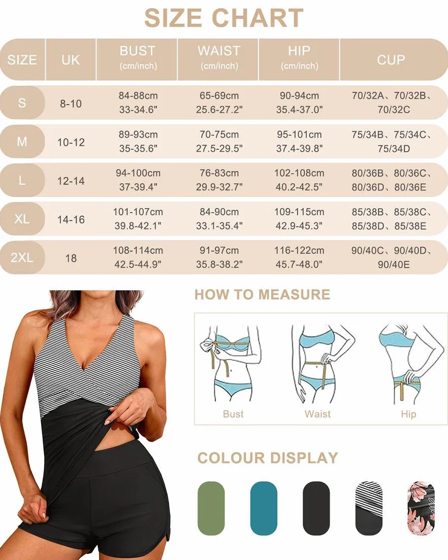 Tankini Mujer Traje de Baño 2 Piezas Push Up Cuello V Bolsillos Bikini Vientre Plano