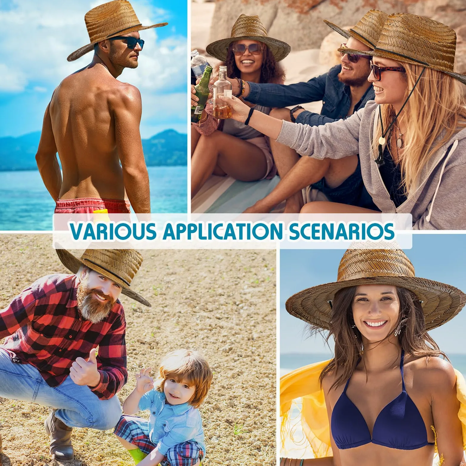 Funtery Paquete de 12 sombreros de paja para hombre, sombrero de playa de ala grande, sombrero de paja con cordón