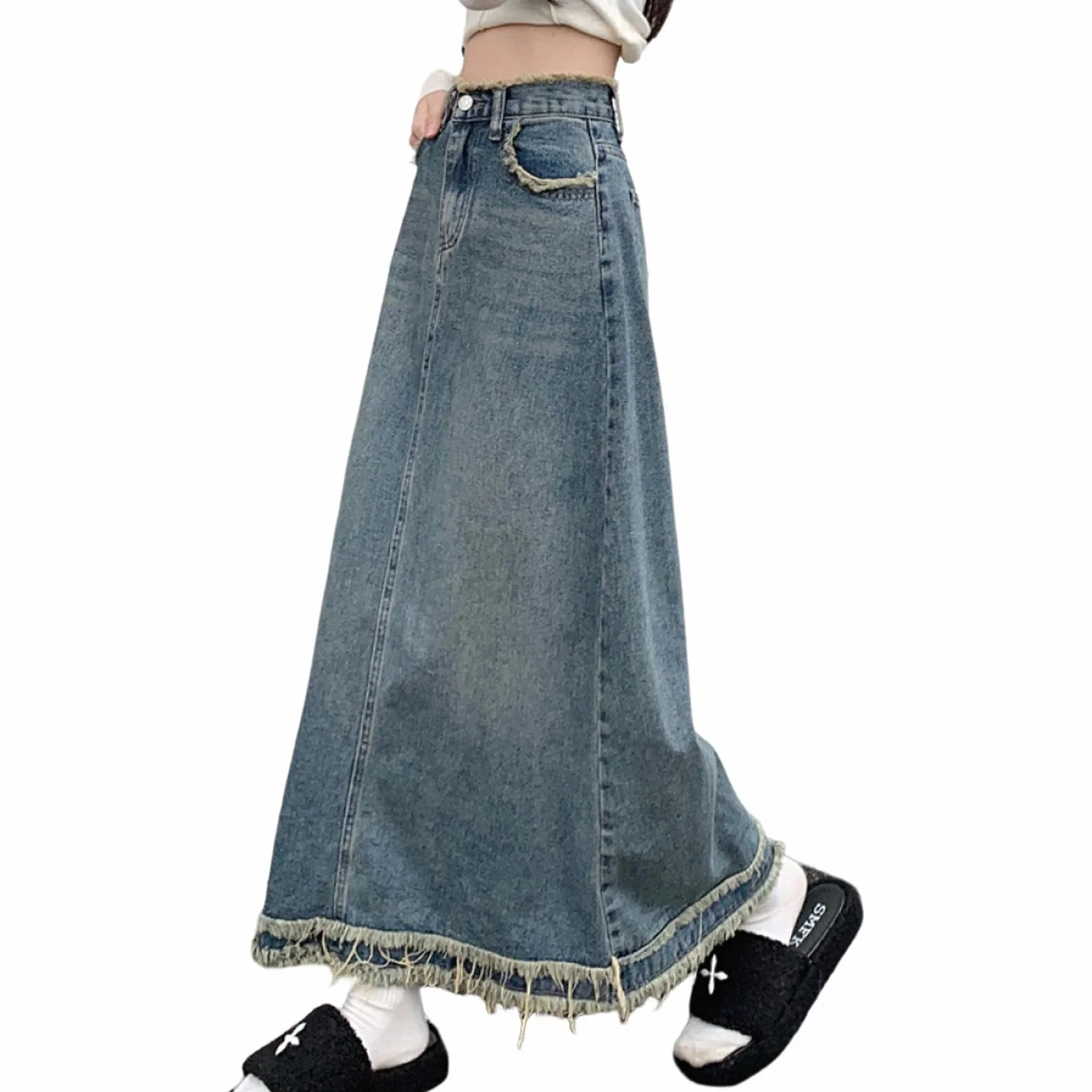 Falda Larga Vintage Azul Mujer Otoño Invierno Cintura Alta Paraguas Borde Crudo Vaquera Y2K