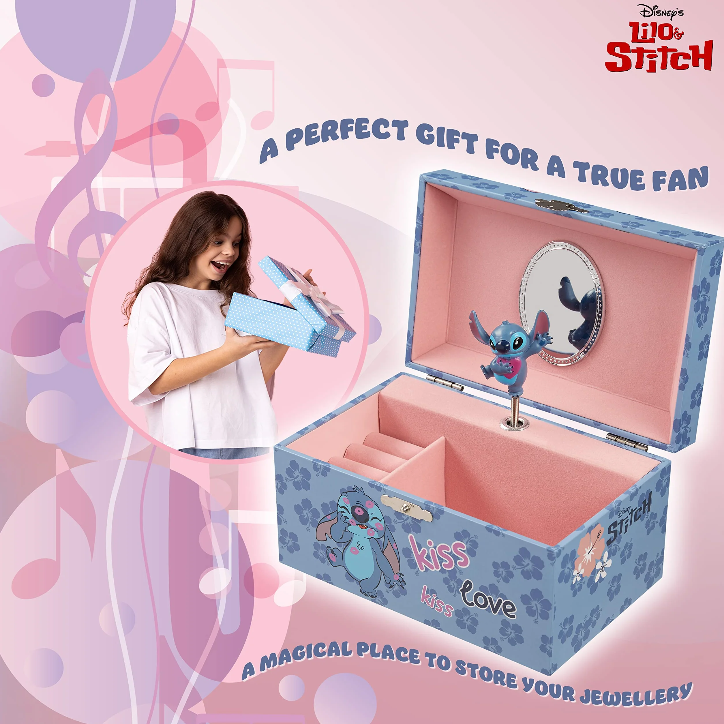 Disney Stitch Joyero Musical Niña Adolescente Organizador con Espejo Regalo Azul