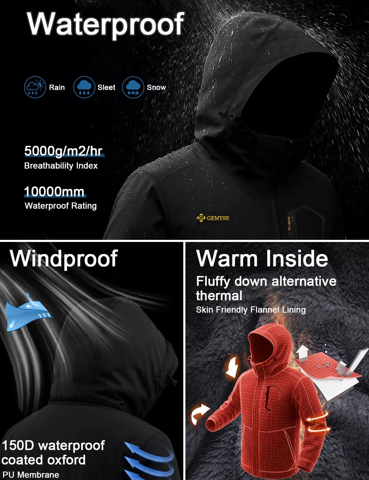 GEMYSE Chaqueta de Esquí Impermeable Hombre Abrigo Invierno Aire Libre Capucha